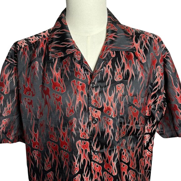 Vintage Y2K Button Up Embroidered Club Shirt L Black Red Flames Skulls Camp - Picture 2 of 6